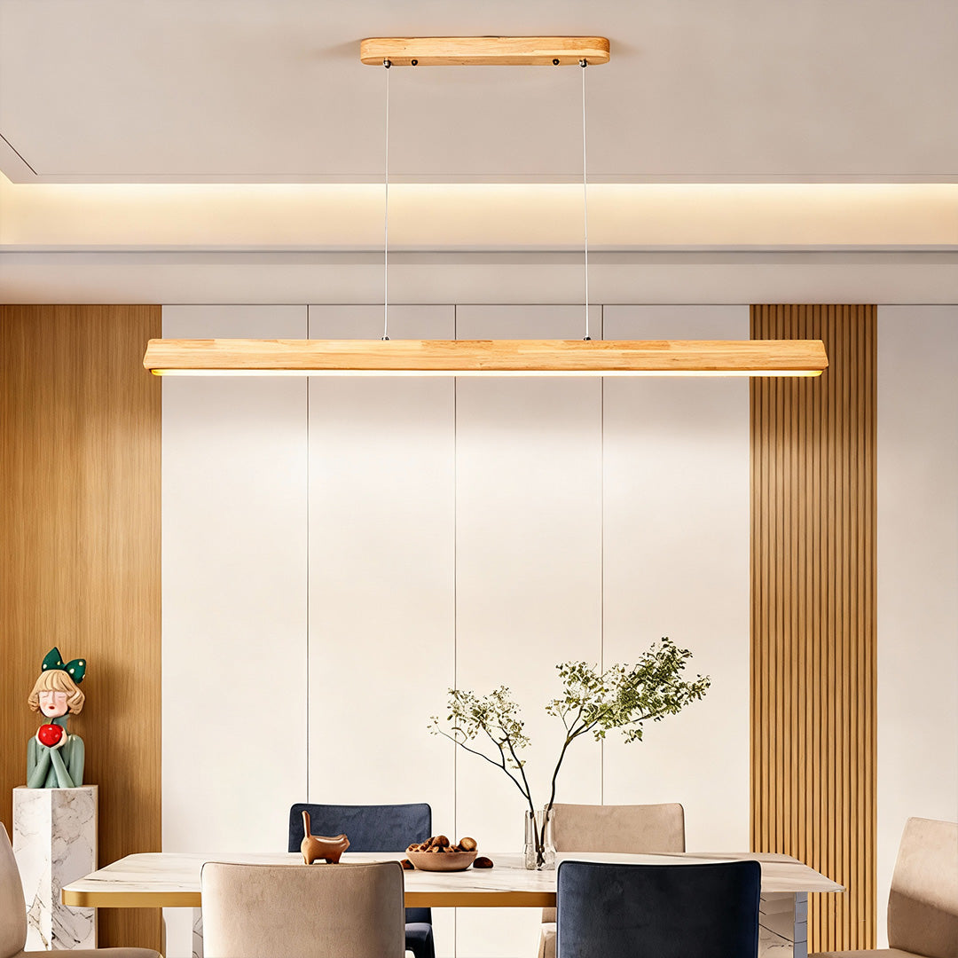 Wood pendant light in a contemporary dining area, stylish and functional ceiling lighting