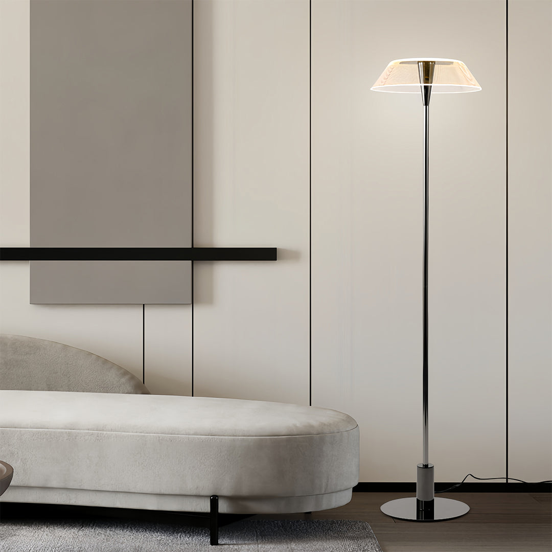 Contemporary floor lamp with a white translucent shade in a stylish living room