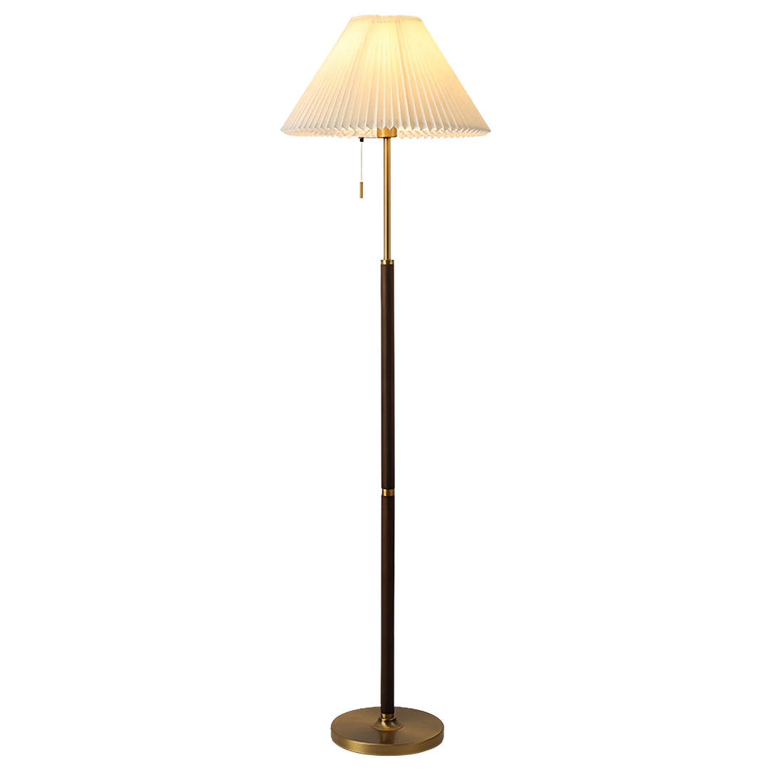 Contemporary floor wood lamp featuring brass base and cream fabric shade for modern lighting