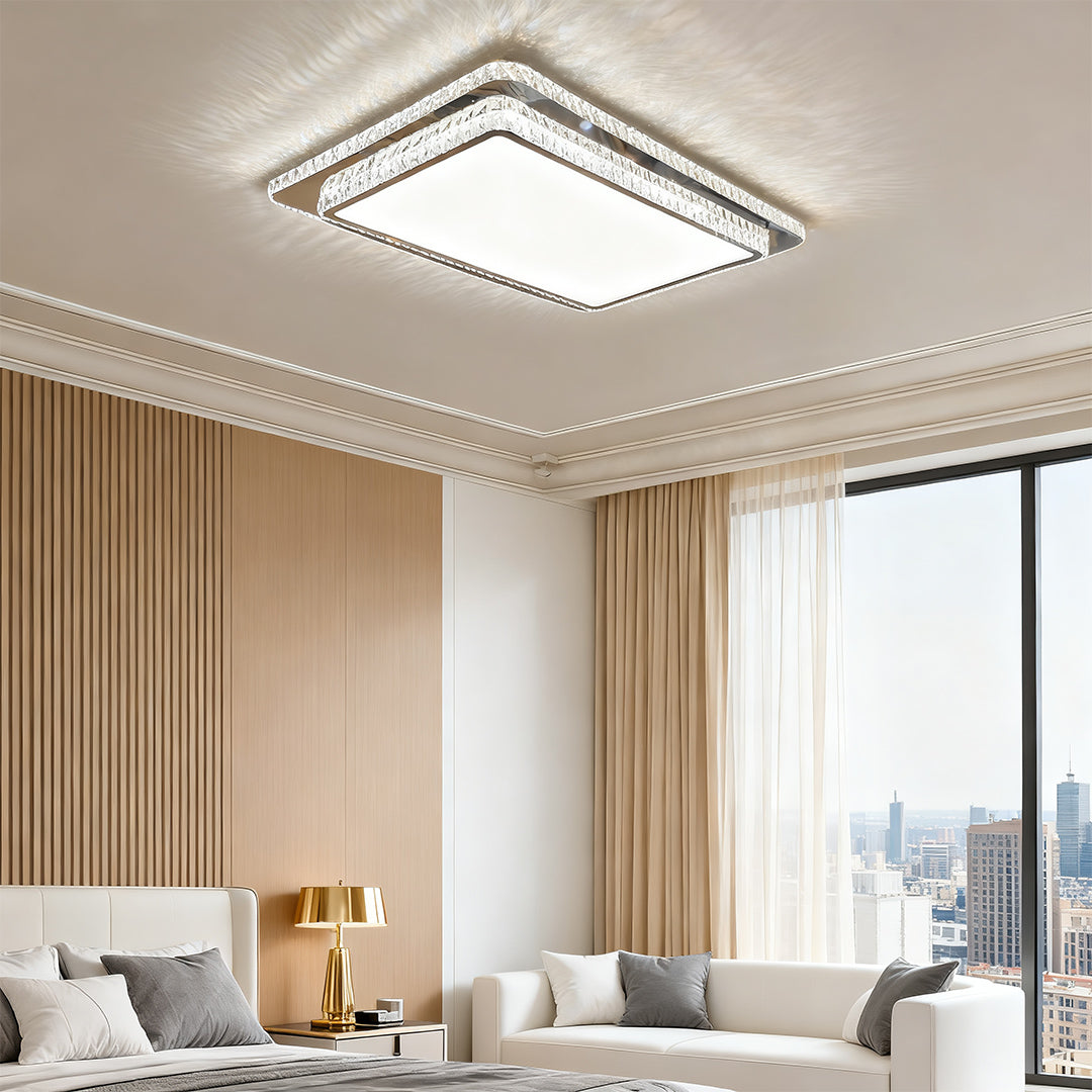 Contemporary flush mount crystal light fixture installed in a bright modern living space.