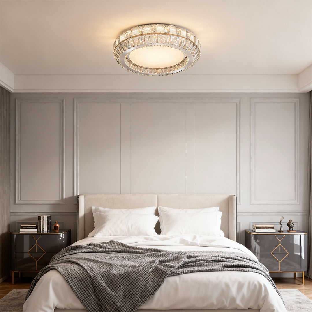 Contemporary flush mount light in a cozy bedroom with a tufted headboard, enhancing the ambiance with subtle lighting.