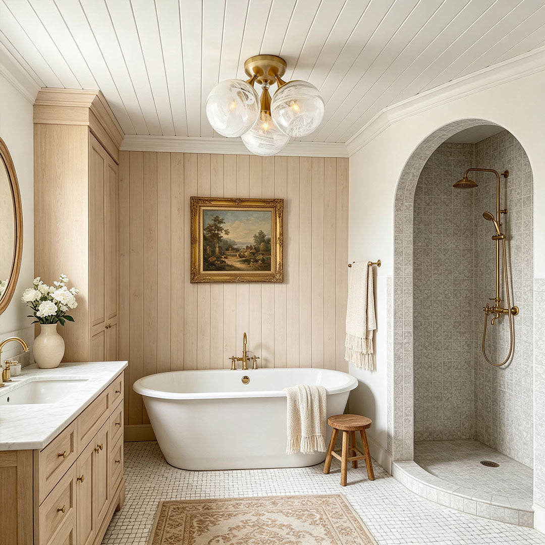 Contemporary flush mount light fixtures illuminating a modern bathroom with natural wood accents.