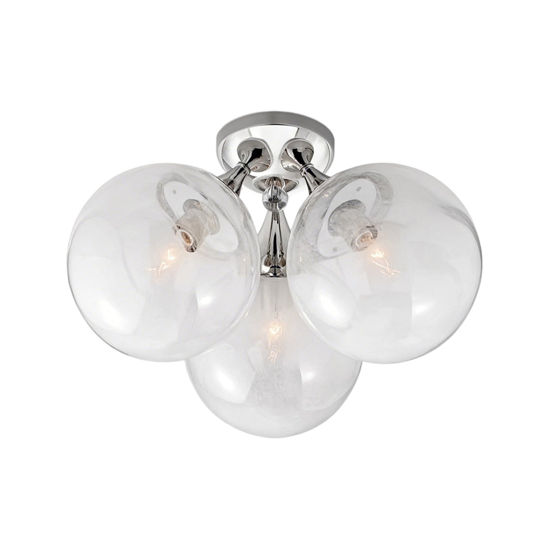 Contemporary flush mount light fixtures three globe cluster version in polished chrome finish.