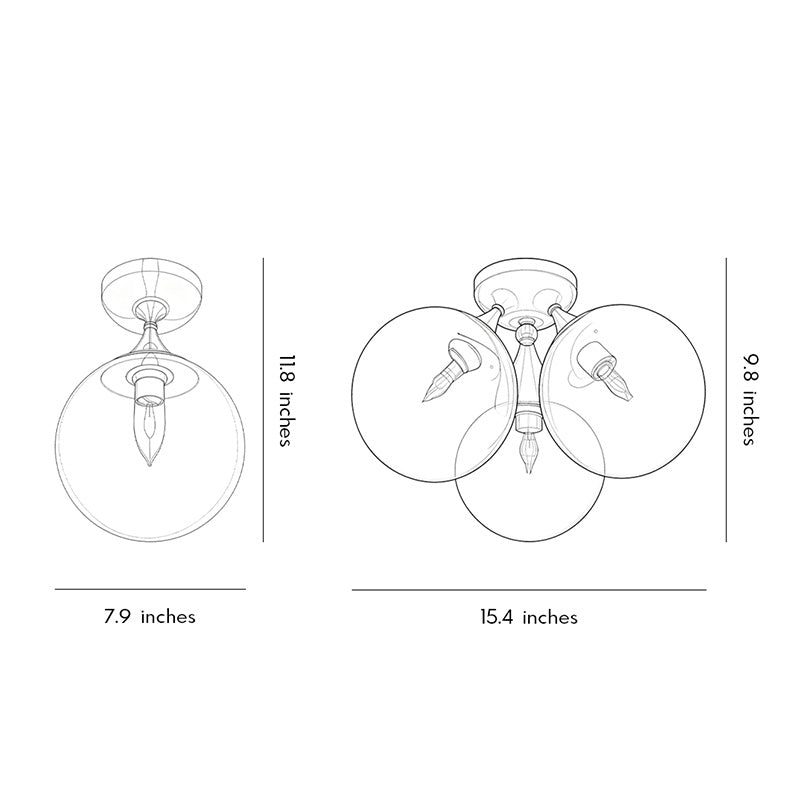 Contemporary flush mount light fixtures dimension drawing displaying single and three globe size options.