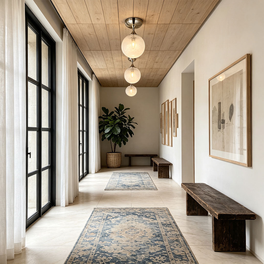 Contemporary flush mount light fixtures featured in a bright hallway with minimalist interior styling.