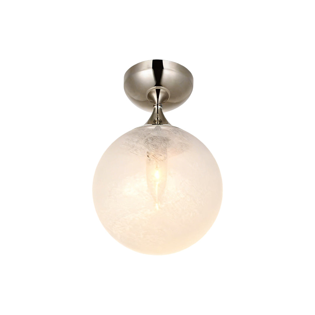 Contemporary flush mount light fixtures single globe version in polished nickel finish.