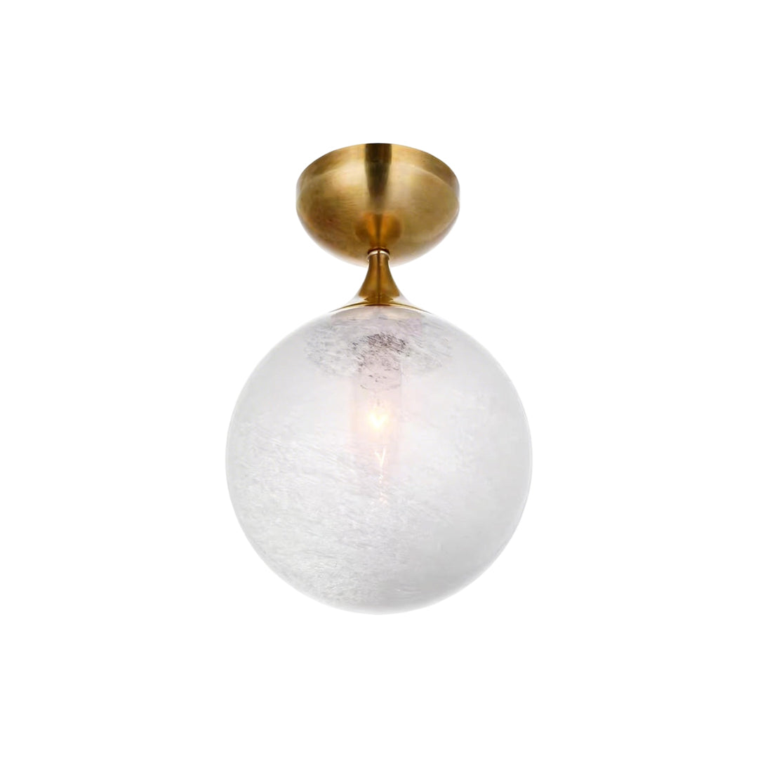 Contemporary flush mount light fixtures single globe version in brushed brass finish.