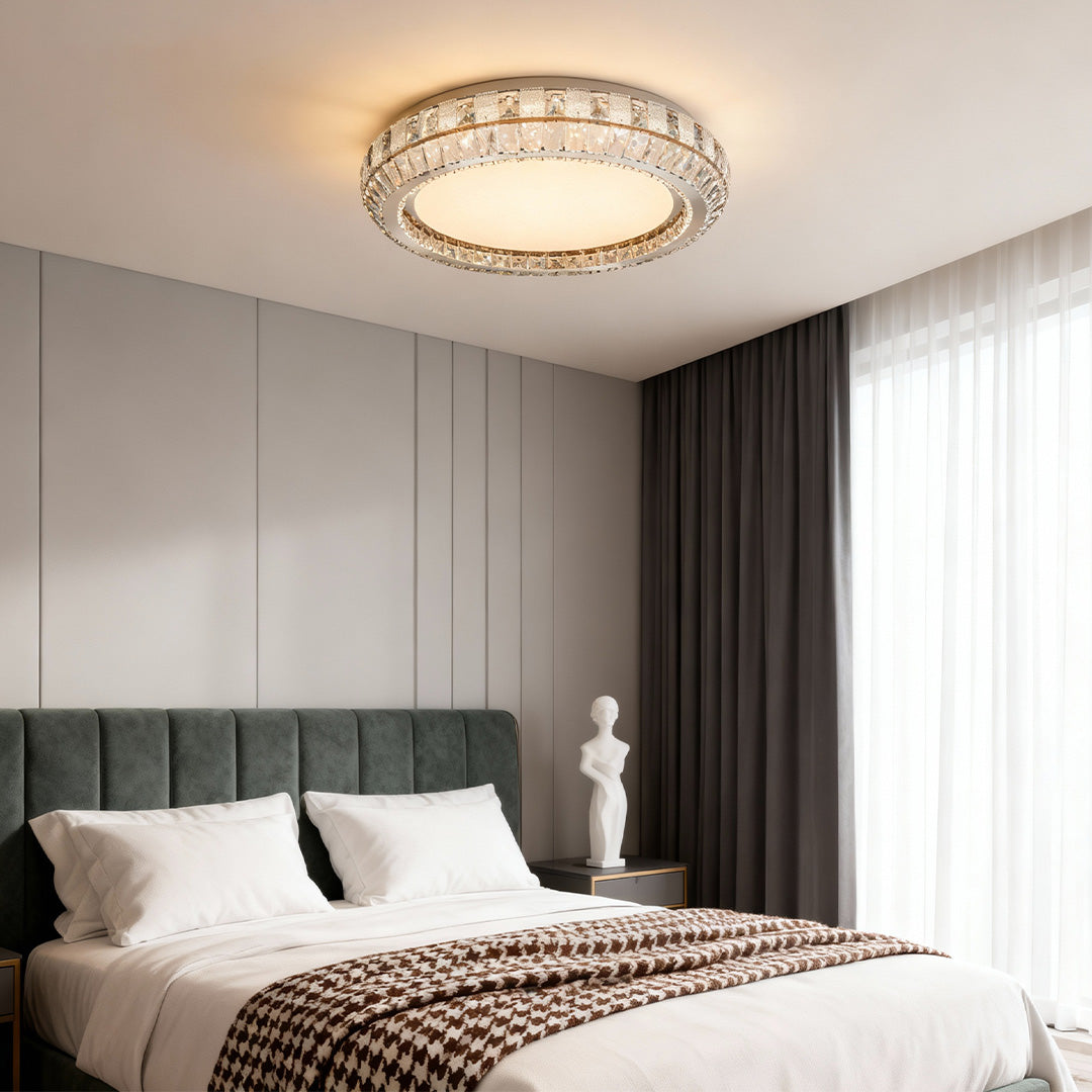 Add a touch of elegance to your space with a contemporary flush mount light, featuring a crystal halo ring for luxurious and bright ceiling illumination.