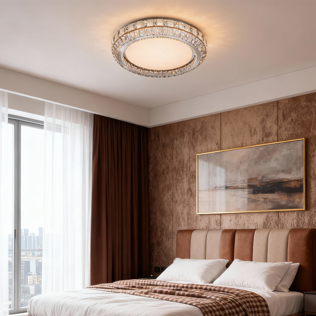 Contemporary flush mount light in a minimalist bedroom, adding a touch of elegance to the space.