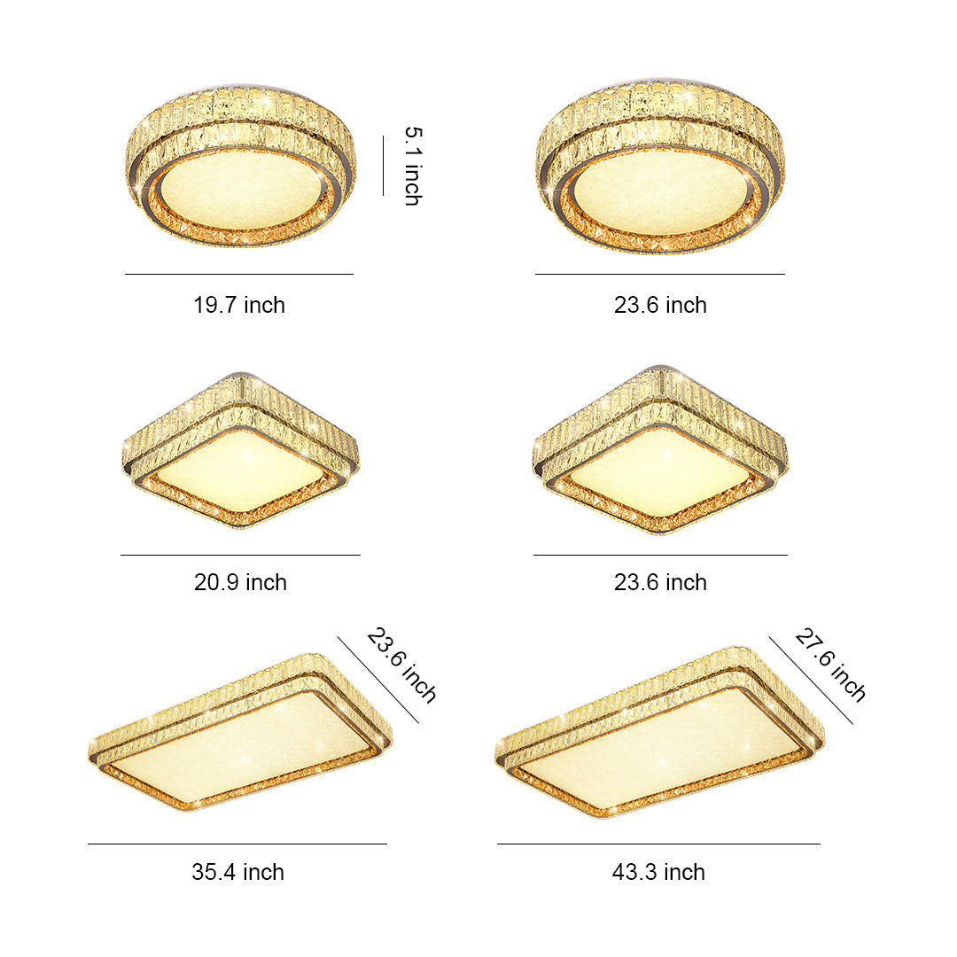 Contemporary flush mount lighting collection with glass shade chandelier inspired design showing round, square, and rectangular options in gold.