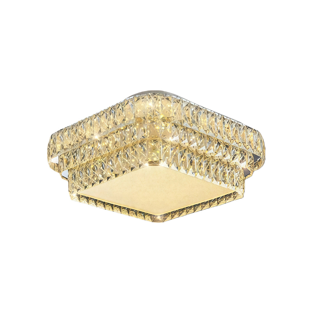 Contemporary flush mounted LED lights with glass shade chandelier styling in circular design with decorative crystal edging.