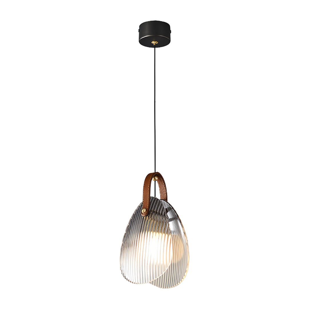 Contemporary hanging glass pendant light featuring fluted design with dark suspension cord