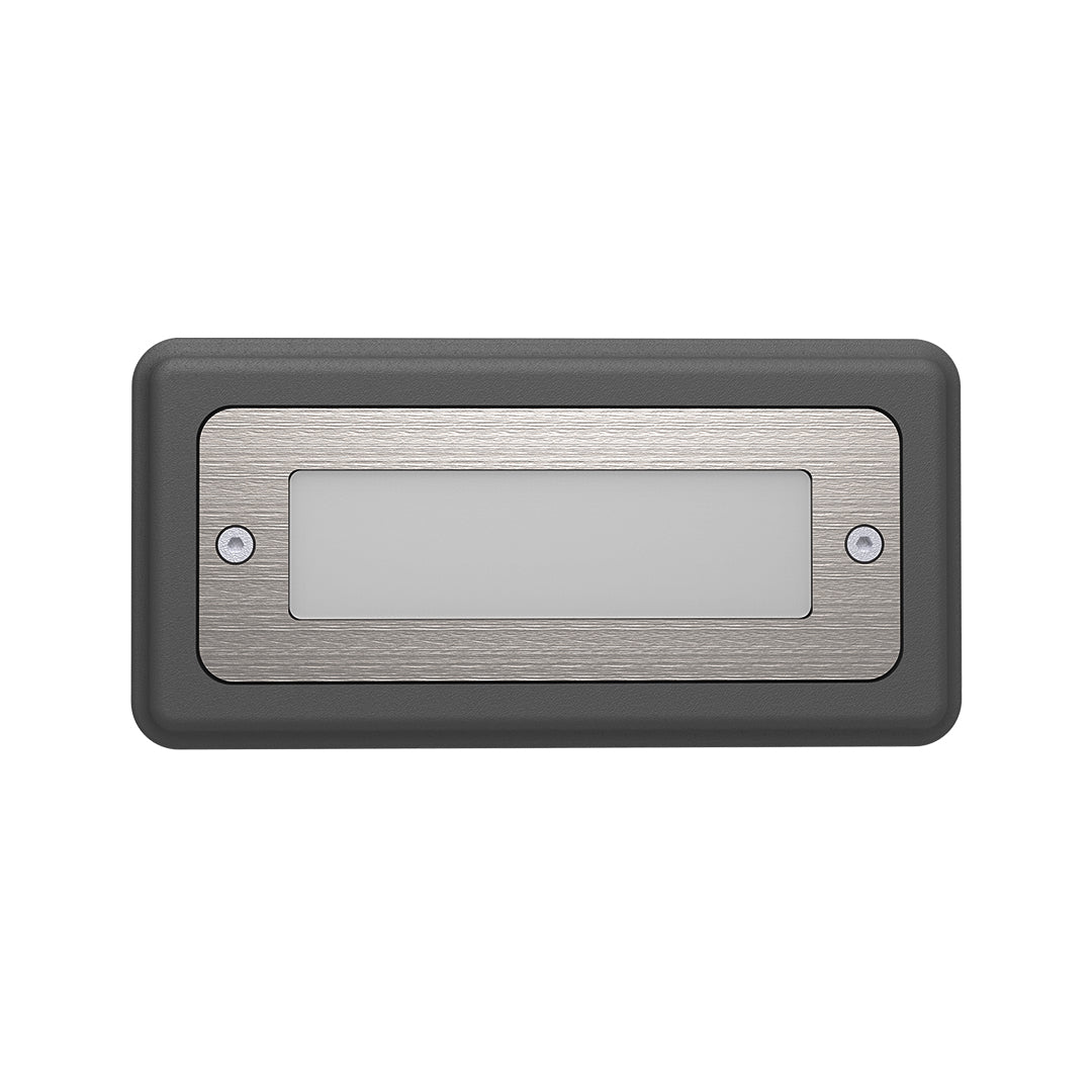 Contemporary black framed wall light creating warm accent lighting on textured brick exterior surface