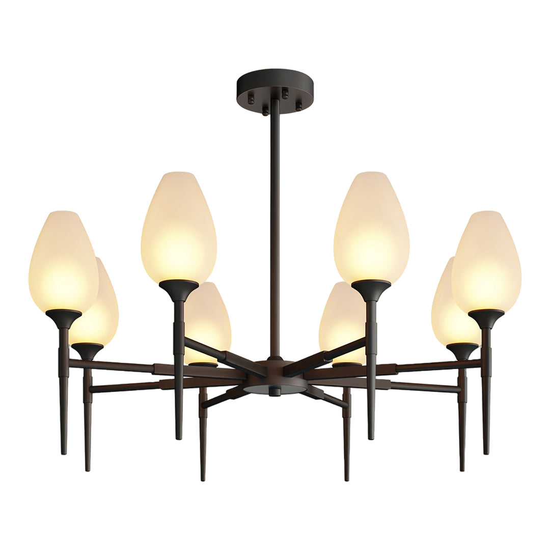 Contemporary glass modern chandelier featuring glass shade chandelier design in matte black with eight frosted glass shades.