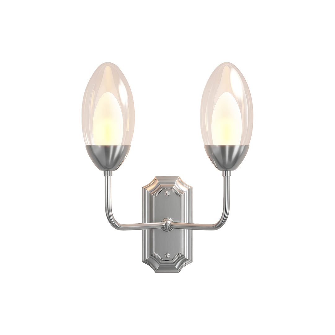 Contemporary glass wall light with glass shade chandelier styling in brushed nickel featuring classic candelabra silhouette.