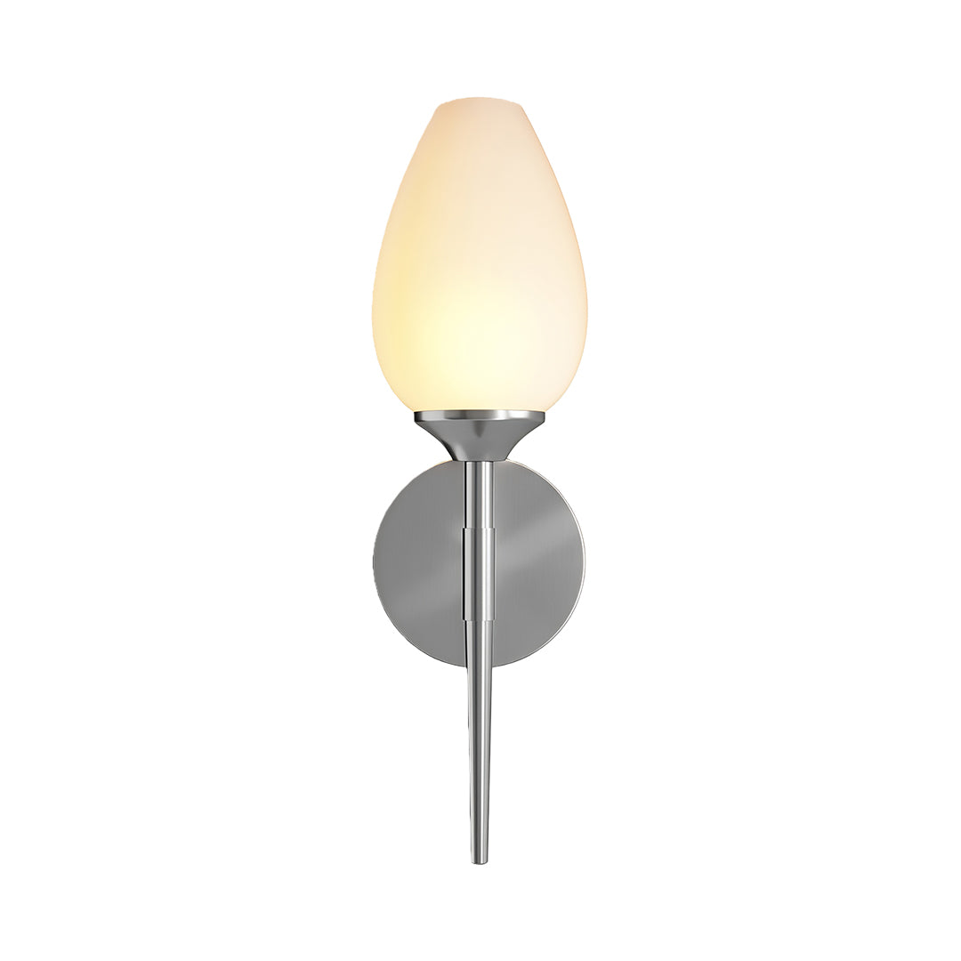 Contemporary glass wall lights with glass shade chandelier styling in brushed nickel finish with elegant teardrop glass shade.