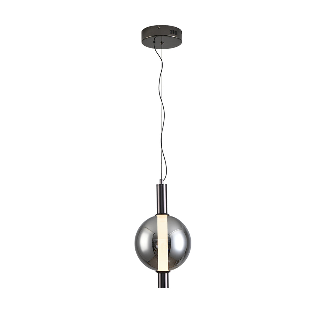 Contemporary modern silver pendant light featuring clear globe design with minimalist black mounting