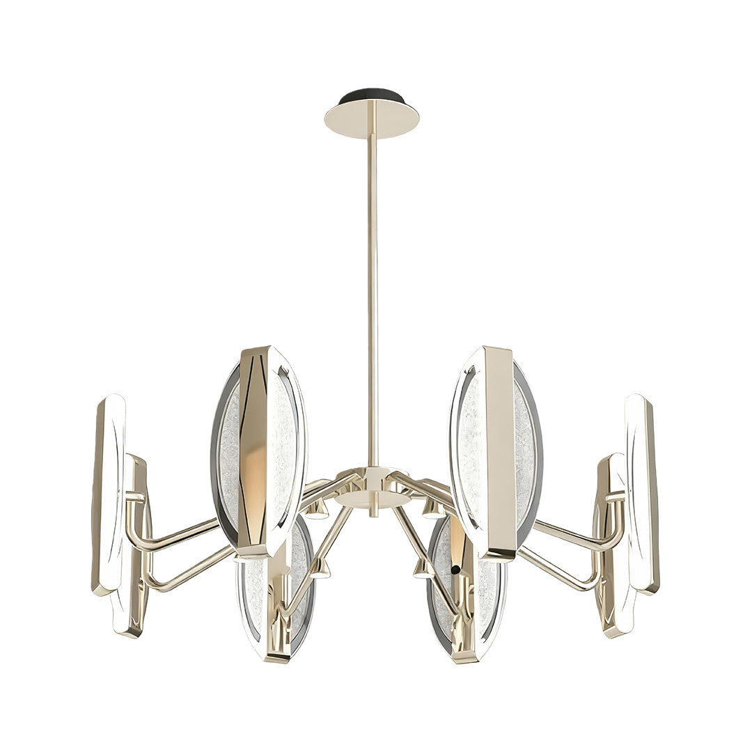 Contemporary gold chandelier modern displaying circular design with leaf-shaped glass elements in warm brass tone