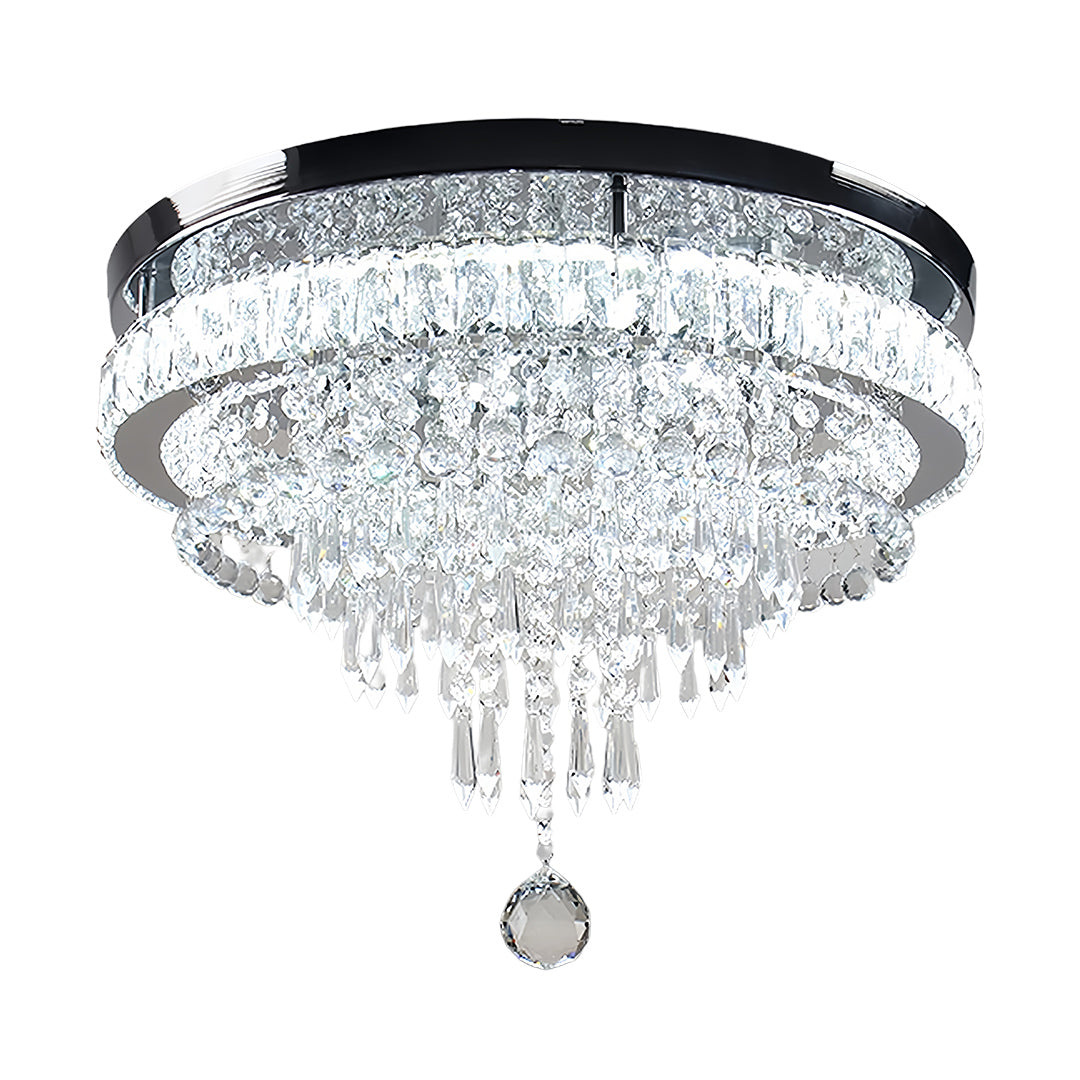 Contemporary gold flush mount light featuring tiered crystal design and modern black frame construction