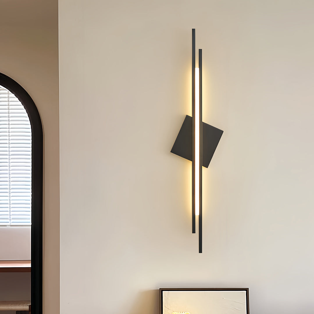 Contemporary gold metal floor lamp with a diamond-shaped shade in a stylish room