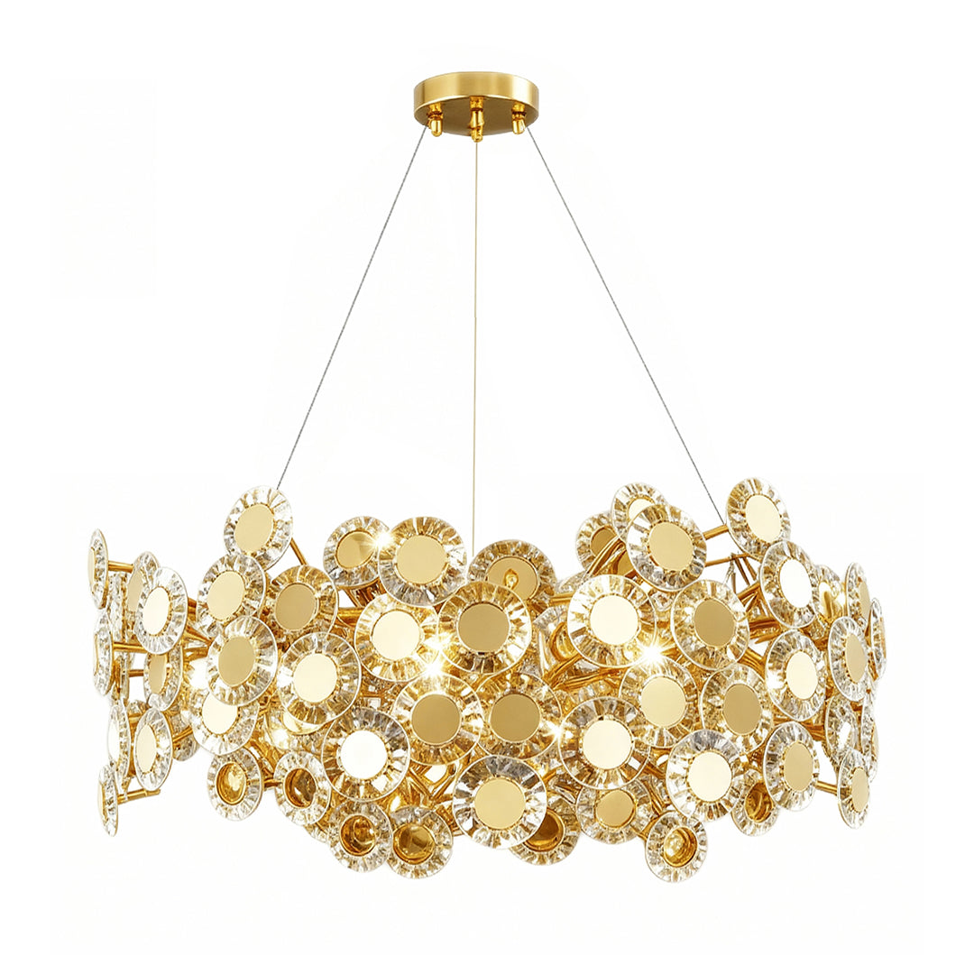 Contemporary gold modern chandelier with round design showcasing dense arrangement of floral crystal accents