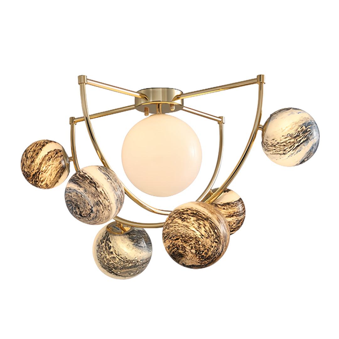 Contemporary gold semi flush ceiling light with multiple glass orbs and sleek metallic construction