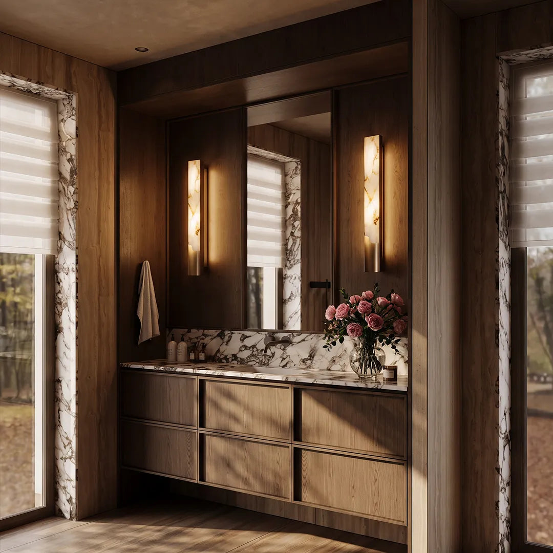 Contemporary indoor wall lights installed beside a bathroom mirror with warm decorative lighting.
