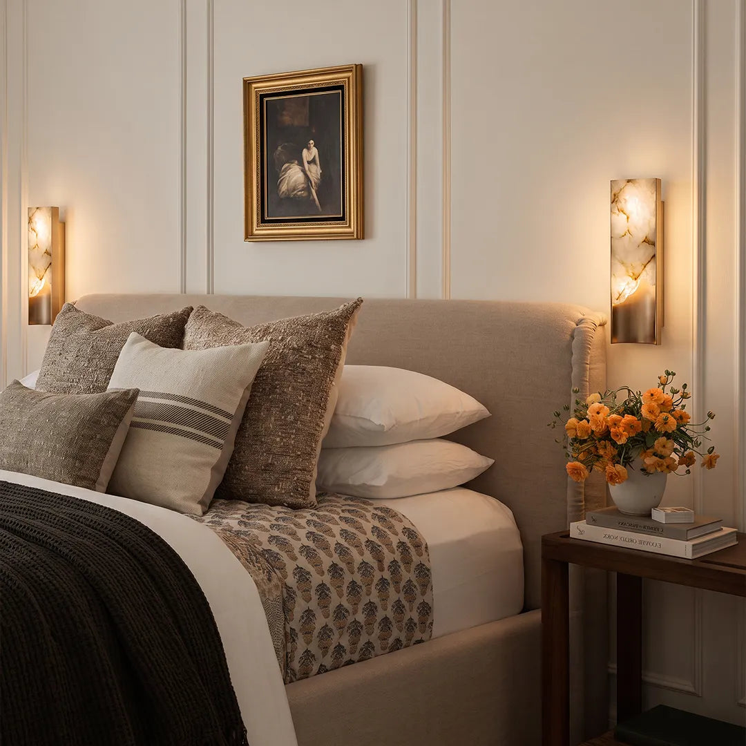 Contemporary indoor wall lights mounted on each side of a bed with warm ambient lighting.