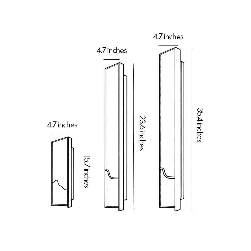 Contemporary indoor wall lights dimension drawing showing multiple size options and fixture measurements.