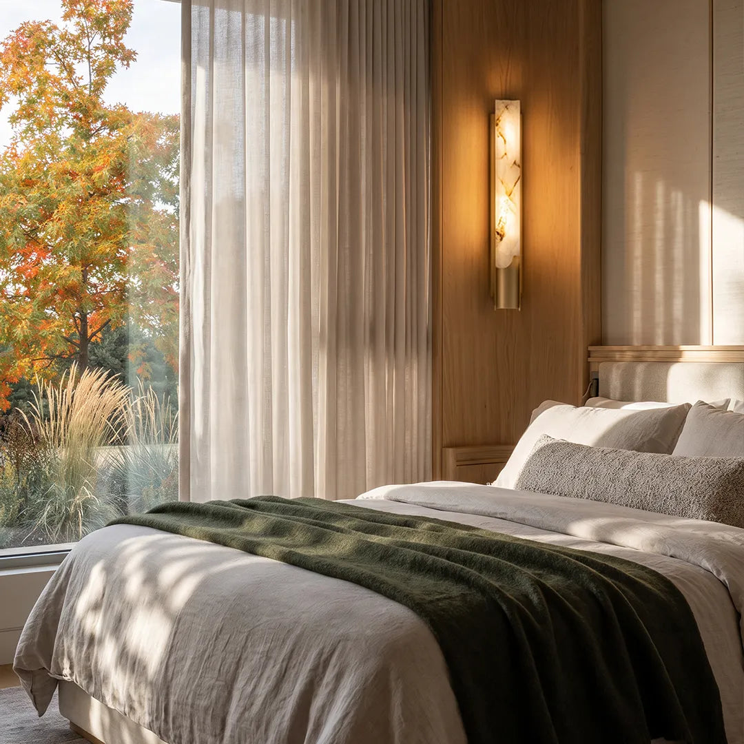 Contemporary indoor wall lights mounted above a bed against a wood accent wall.