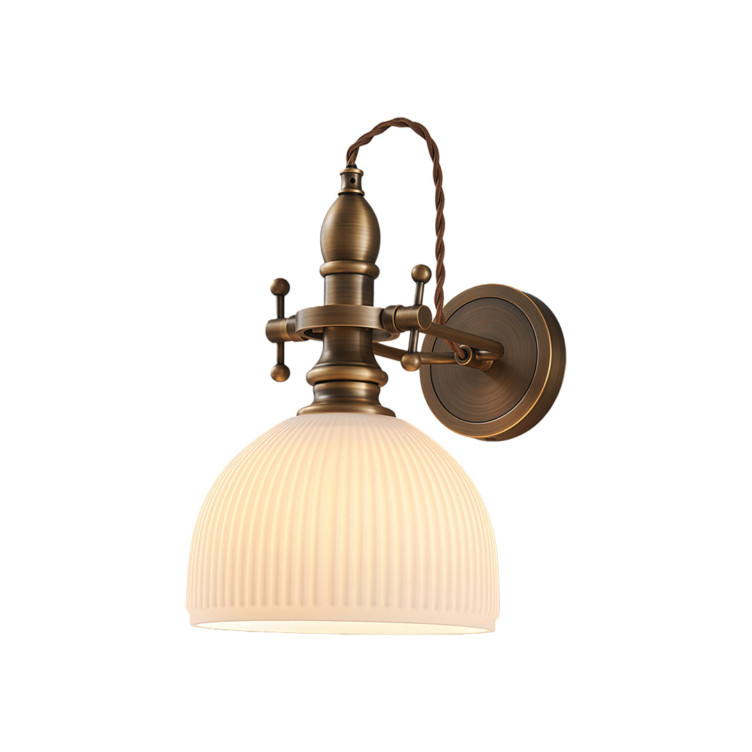 Contemporary indoor wall mount lights with glass shade chandelier styling in vintage brass finish with ribbed frosted glass shade.