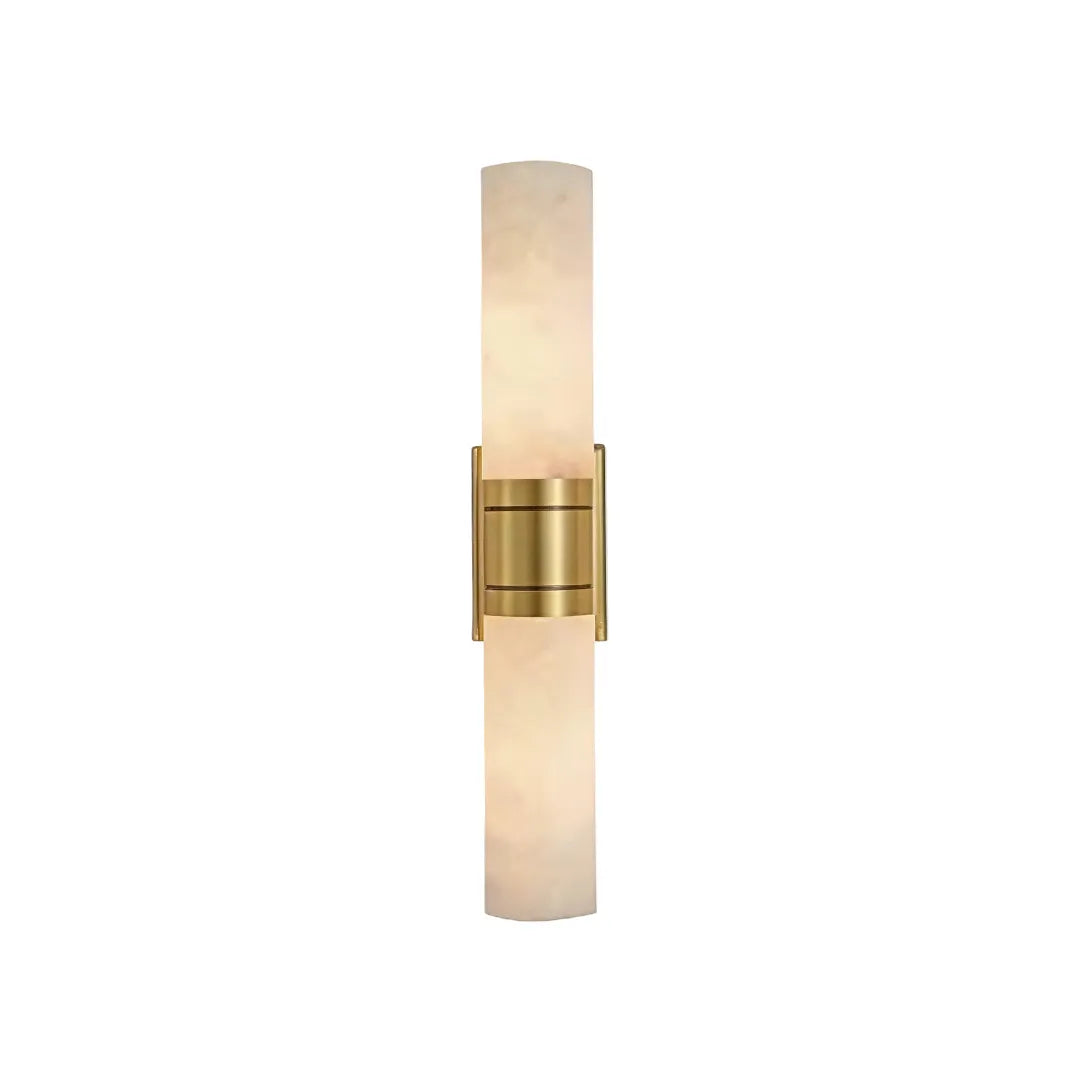 Contemporary indoor wall sconces product image with a slim stone-look shade and brass metal center band.