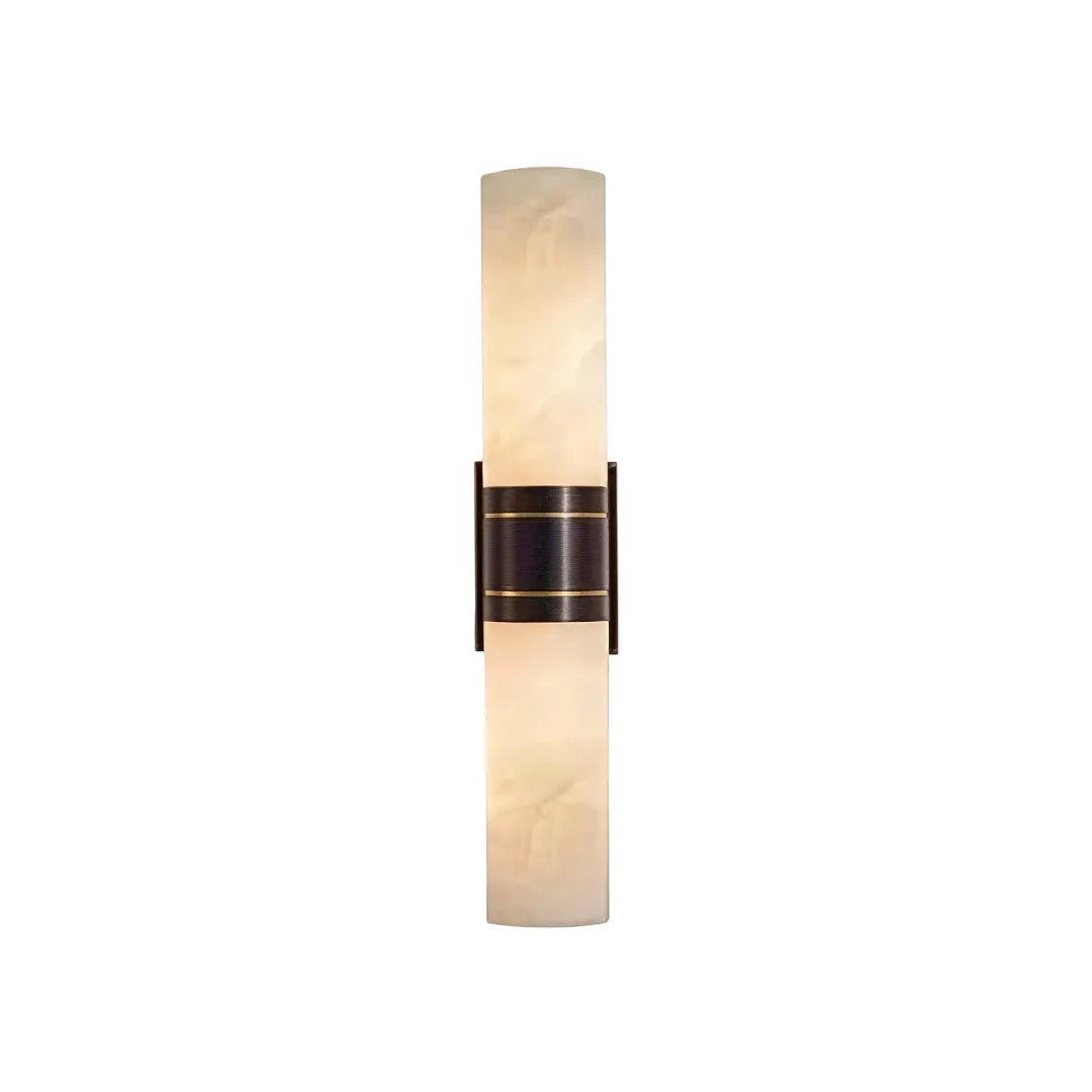 Contemporary indoor wall sconces product image with a slim stone-look shade and dark metal center band.