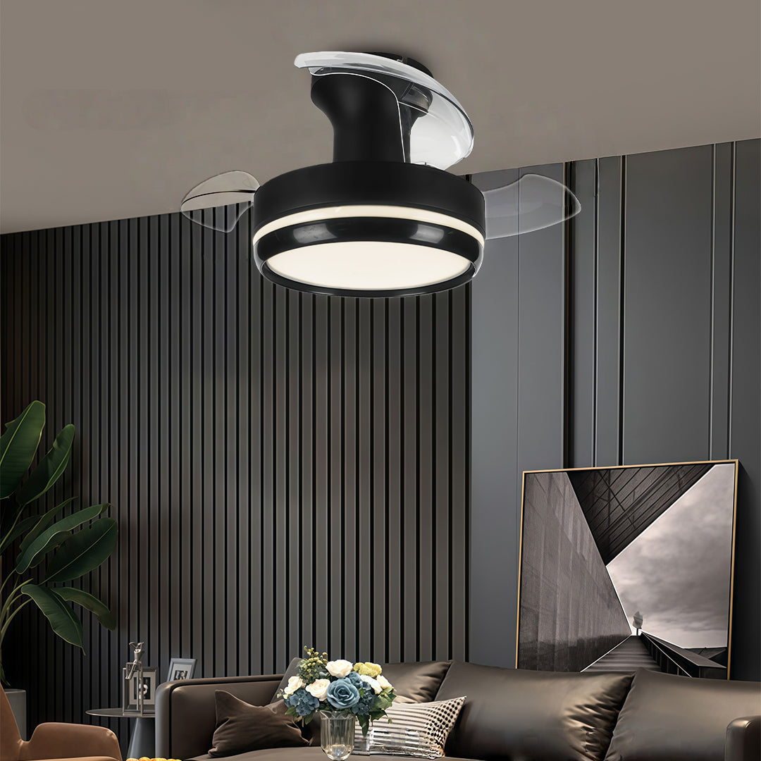 Ceiling fan with remote light in a contemporary interior, elegant and minimalist indoor fixture