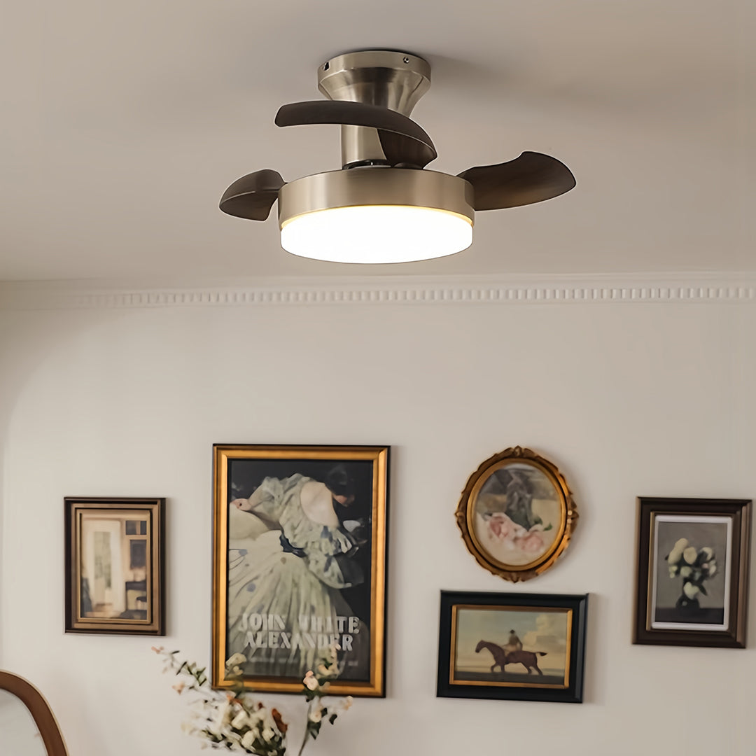 Silver ceiling fan with light in a contemporary interior, stylish and functional indoor lighting solution