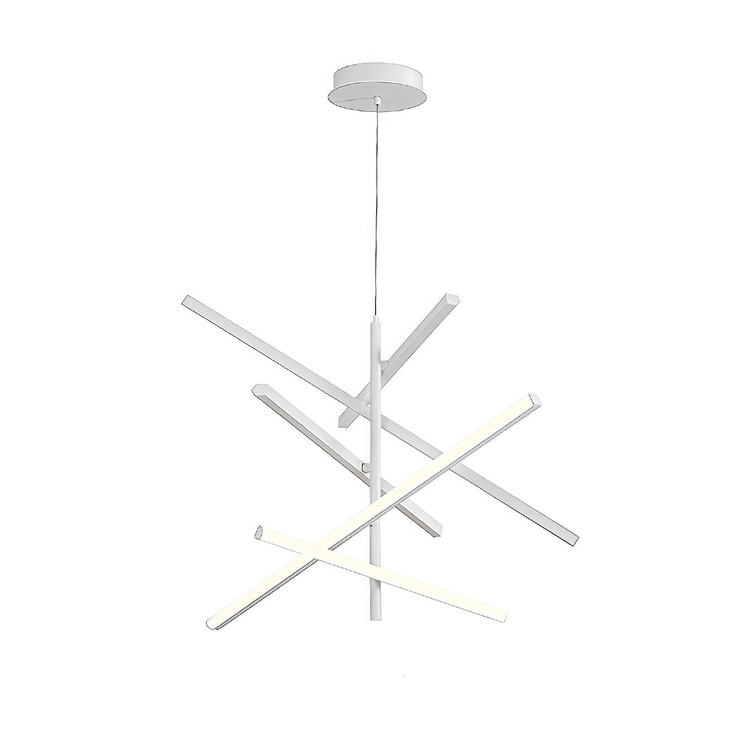 Contemporary iron linear chandelier in white finish with star-shaped configuration and LED lighting.