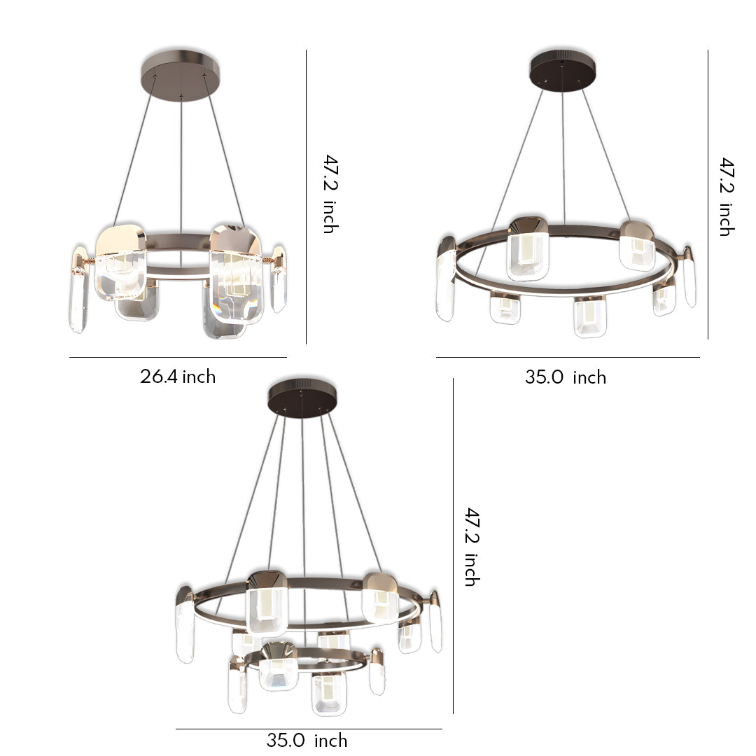 Contemporary italian crystal chandelier featuring dual-tier circular rings with cubic crystal glass pendants in dark finish