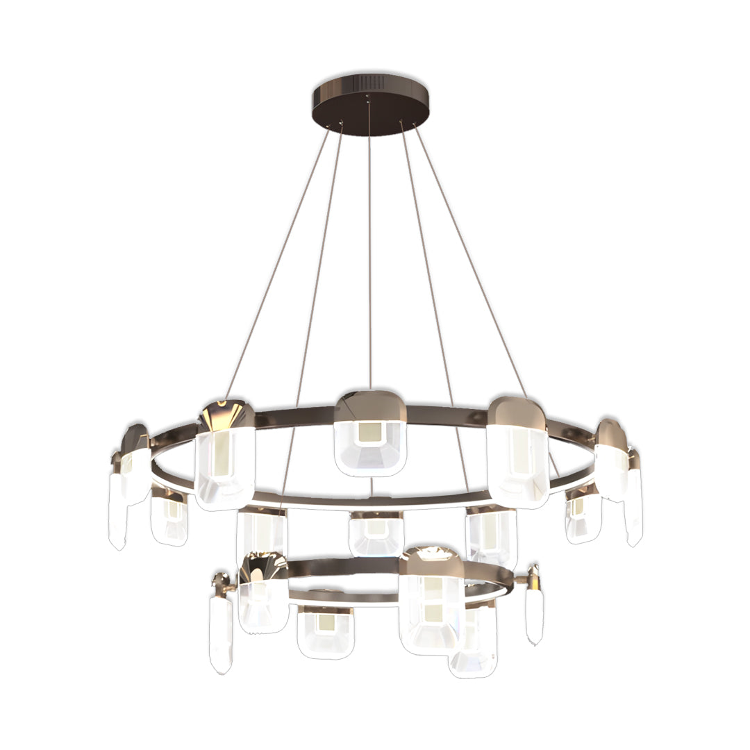 Contemporary italian crystal chandelier featuring dual-tier circular rings with cubic crystal glass pendants in dark finish
