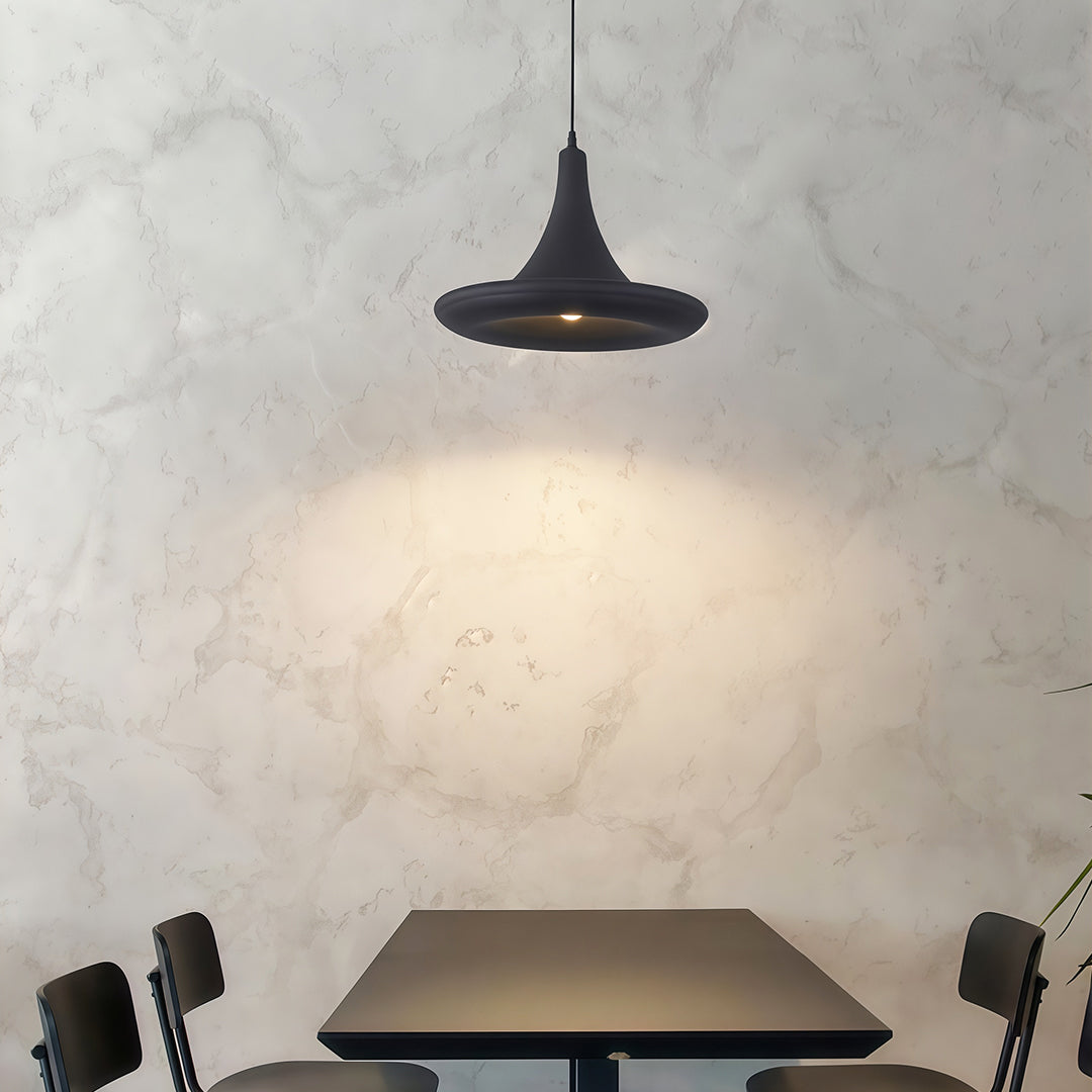 Contemporary Japanese pendant light fixtures featuring glass shade chandelier design in matte black providing focused downlighting.