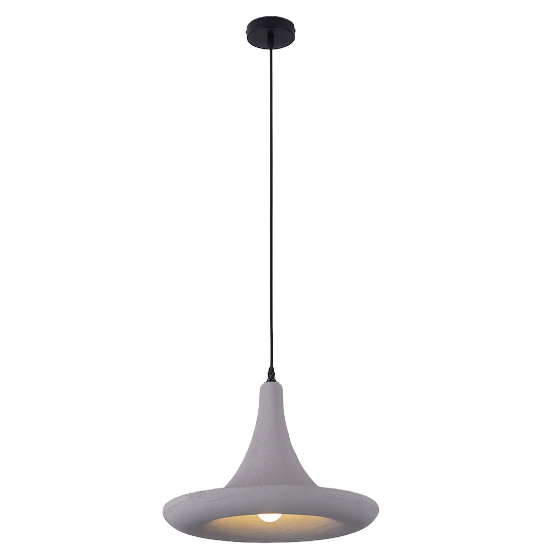 Contemporary Japanese pendant light fixtures featuring glass shade chandelier styling in sleek gray metallic flared shape.