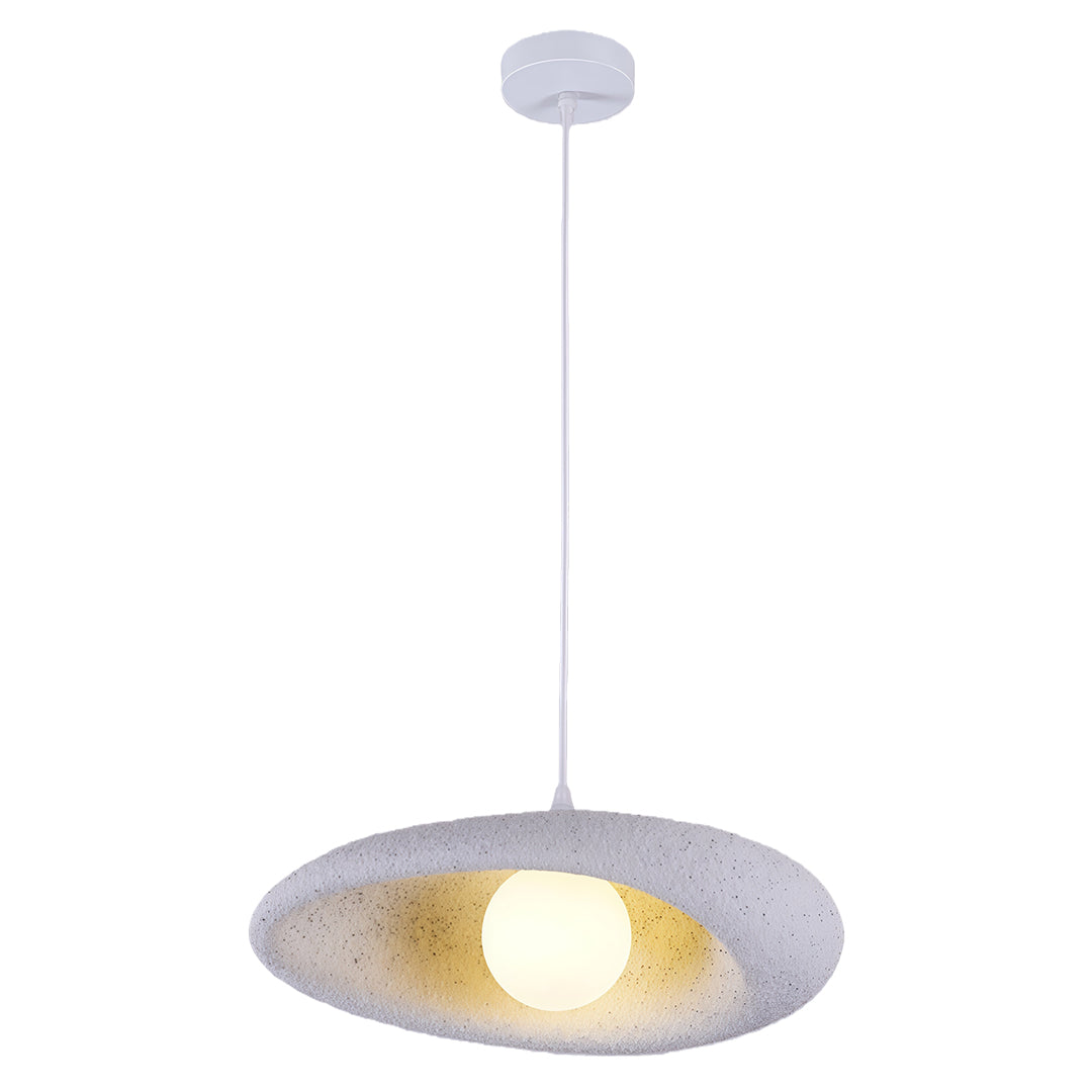 Contemporary Japanese pendant lights featuring glass shade chandelier styling in wide white textured disc with golden glow.