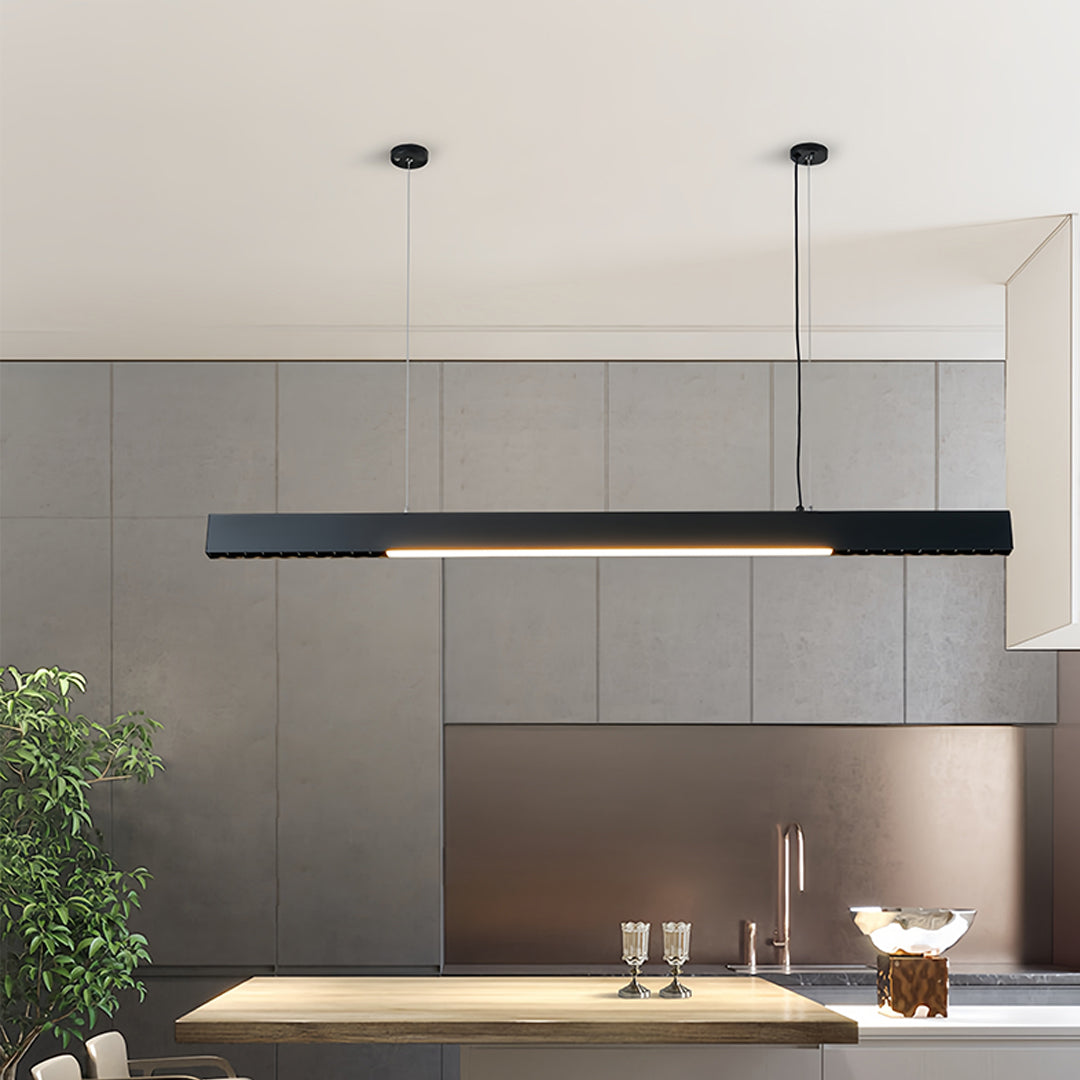 Contemporary kitchen featuring black linear light pendant installation with architectural appeal