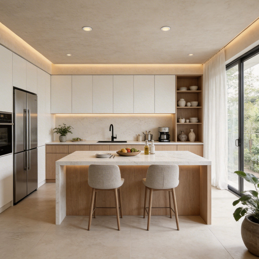 Contemporary kitchen with inset ceiling spotlights highlighting the minimalist design.