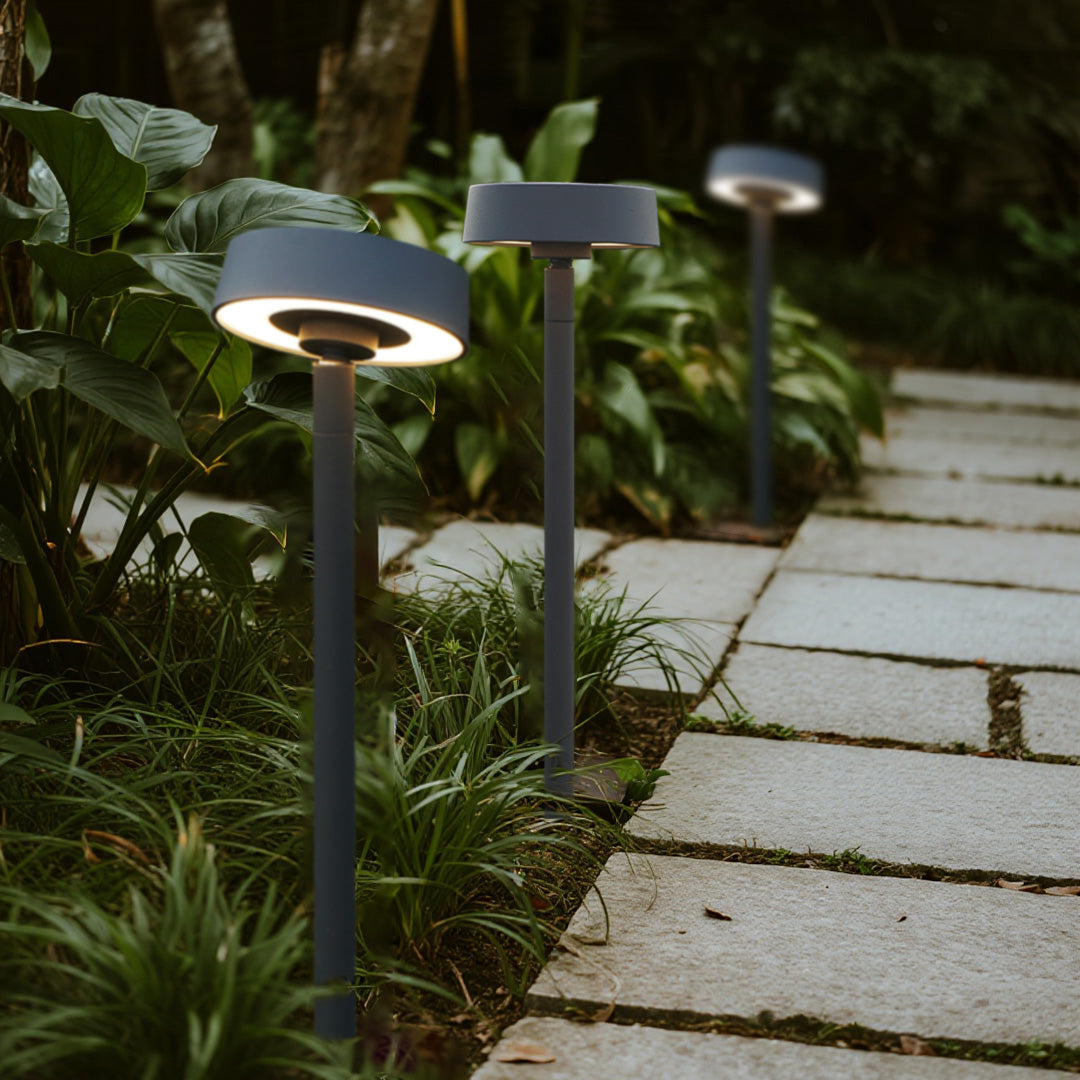 Contemporary landscape outdoor lights arrangement along stone pathway creating sophisticated outdoor lighting scheme