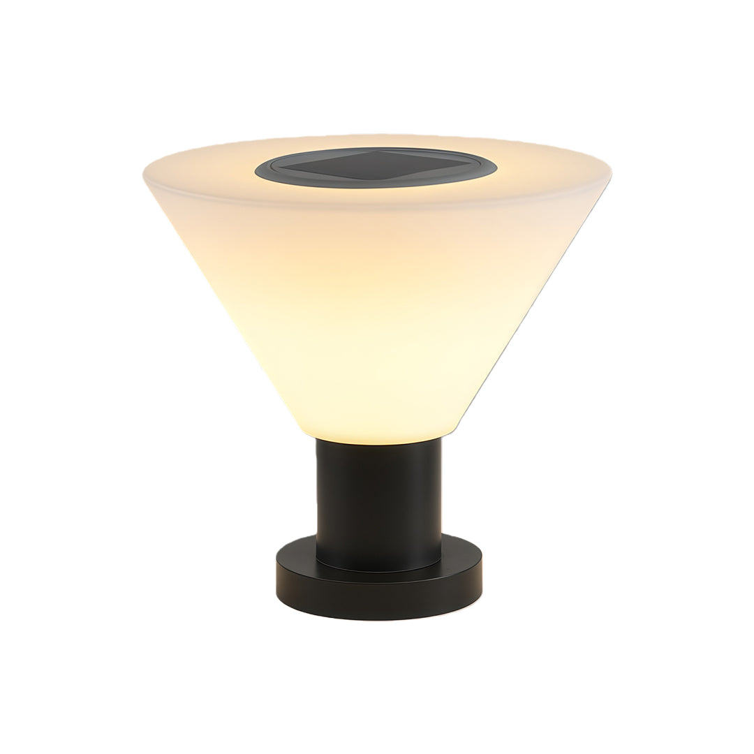 Contemporary landscape pillar lighting with glass shade chandelier styling in large cone design with black base and glowing diffuser.