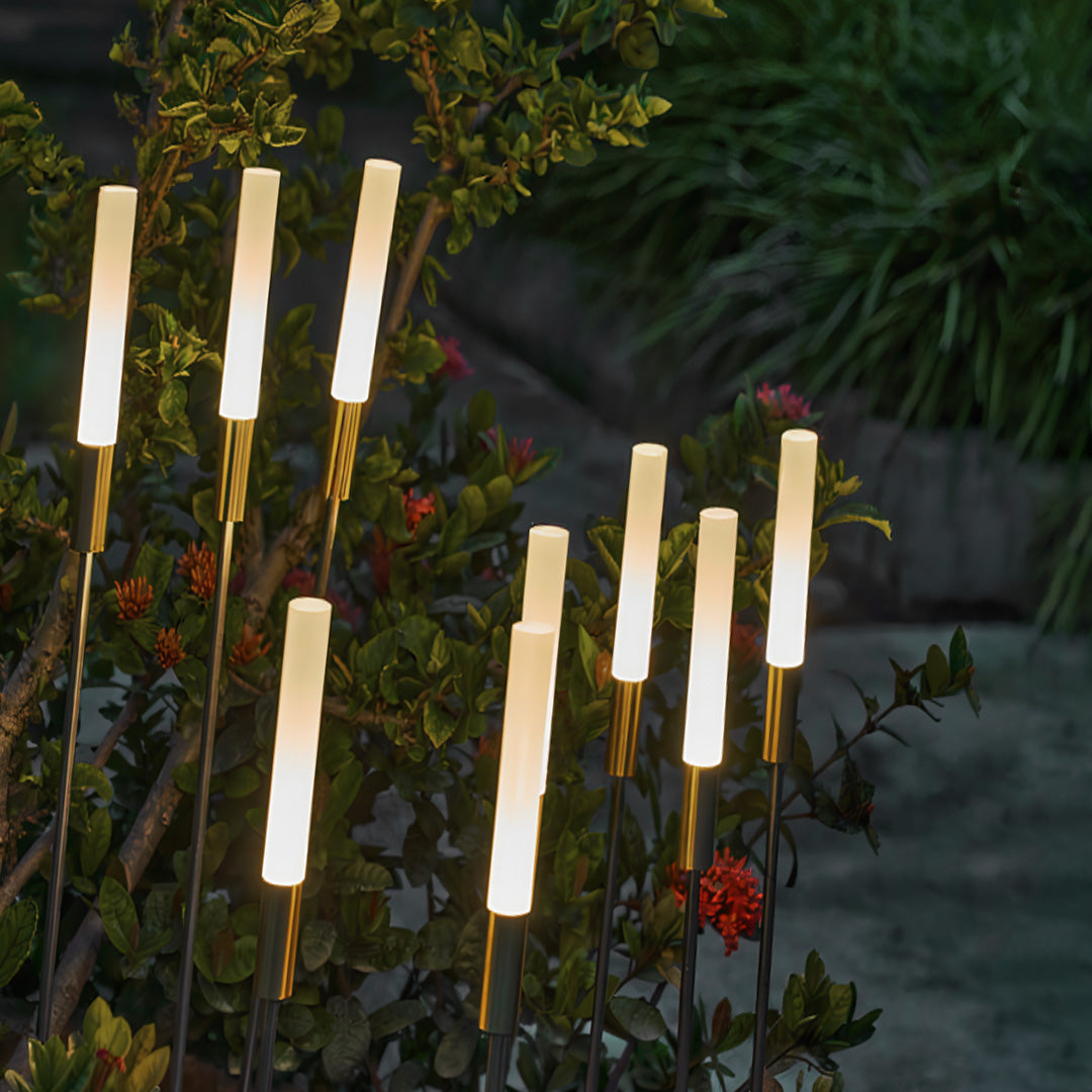 Contemporary landscape spike light grouping among lush foliage demonstrating versatile outdoor lighting design possibilities