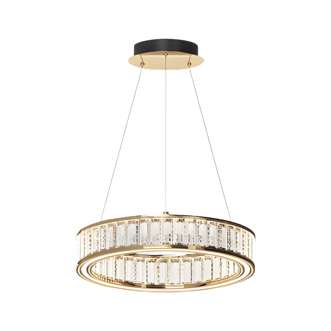 Contemporary large crystal chandeliers featuring circular frame with dense arrangement of vertical crystal glass panels