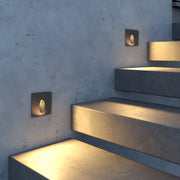 Contemporary LED step light installation providing safety lighting on blue painted stairway with clean minimalist design