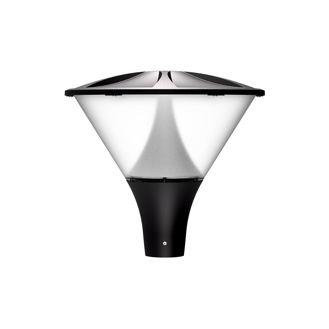 Contemporary LED street light fixture with conical diffuser and modern housing design