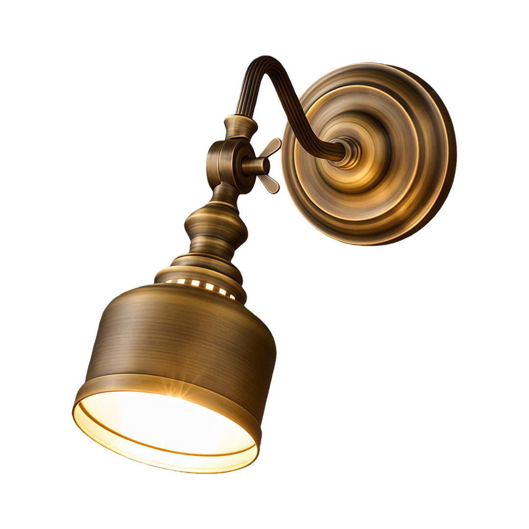 Contemporary LED wall light lamp with glass shade chandelier styling in articulating arm design with vintage brass and glass shade.